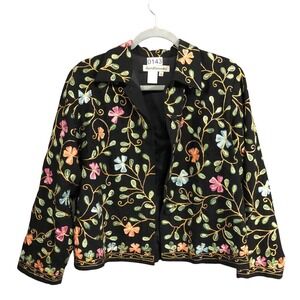 Vtg David Brooks Black Floral Embroidered Boho Folk Art Jacket Blazer Size S